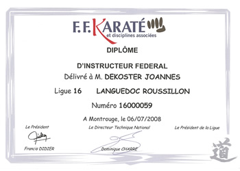 Diplôme d'Instructeur Fédéral de Joannes De KOSTER