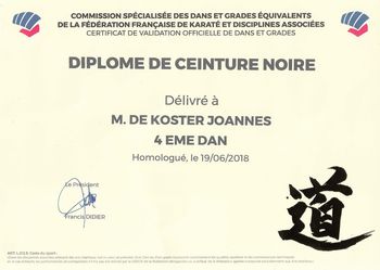 Diplôme de 4eme Dan FFKDA de Joannes De KOSTER